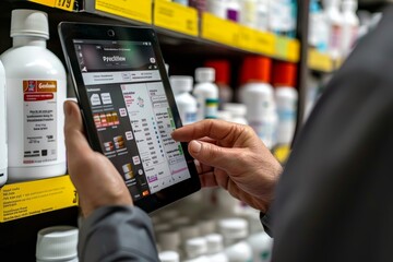 Pharmacist Using Digital Tablet for Efficient Inventory Management, Pharmacy Drugstore Background