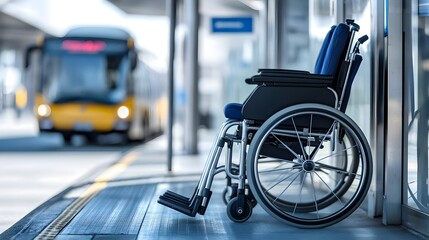 Obraz premium Wheelchair at bus station, focus on accessibility.
