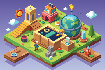Naklejka premium A whimsical exploration space showcases geometric shapes, a globe, and playful structures, illustrating creativity in a colorful environment.