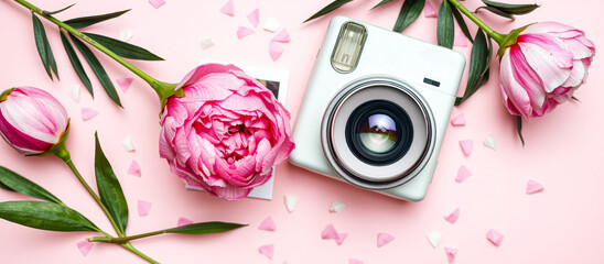 Pink Peony Flower and Camera on Pink Background