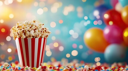 A vibrant image of a striped popcorn bucket, surrounded by colorful candies, set against a blurred festive backdrop with balloons and lights.
