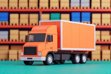 A vibrant orange delivery truck model against a backdrop of colorful storage boxes. Perfect for logistics and transportation themes.