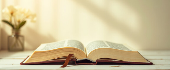 Open Bible with Brown Bookmark on White Wooden Table