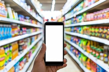 Hand Holding Smartphone With Blank Screen, Supermarket Aisle Background, Online Shopping