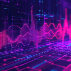 Naklejka premium Abstract digital soundwave illustration with vibrant pink and blue lines on a dark background, depicting modern audio technology concepts.