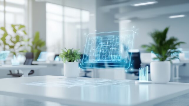 Modern office space with digital hologram displaying architectural plans and greenery, ideal for tech and design concepts.