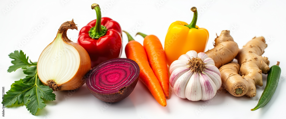 Canvas Prints Fresh Vegetables and Root Vegetables on White Background