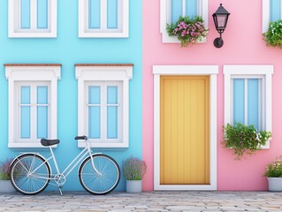 Charming bicycle in front of colorful pastel houses, featuring pink and blue walls with decorative windows and planters, creating a vibrant street scene.