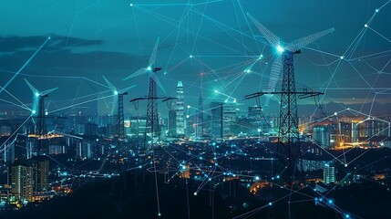 Wind turbines stand tall against the backdrop of a vibrant city, a modern illustration of renewable energy powering urban life.