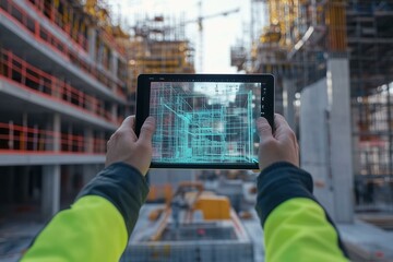 A construction worker holding a tablet, showing a real-time blueprint of the building being constructed. The digital twin hologram, displaying live updates and progress