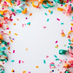 Colorful party confetti and ribbons scattered on a white background, perfect for celebrations and festive occasions.