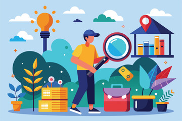 A young person searches for knowledge outdoors, surrounded by plants, books, and tools, embodying curiosity and exploration in a vibrant setting.