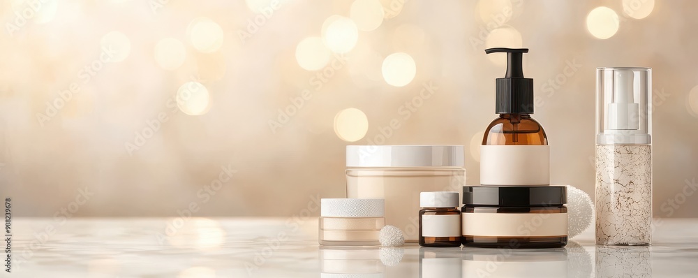 Poster stylish collection of skincare products on a marble surface with a soft, blurred background creating