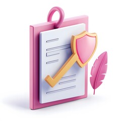 Document with shield and check mark. Health insurance, document security , data protection, finance and medical service concept. 3d vector icon. Cartoon minimal style. White background