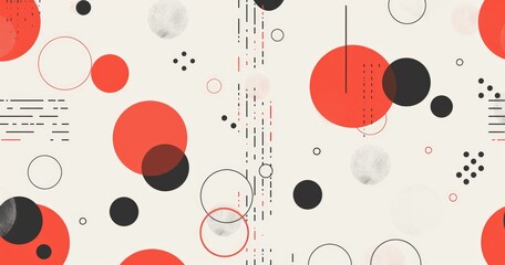 Abstract pattern featuring circles and lines in red, black, and beige tones.