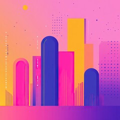 Vibrant abstract skyline with colorful geometric buildings against a gradient background, showcasing modern architecture and artistic design.