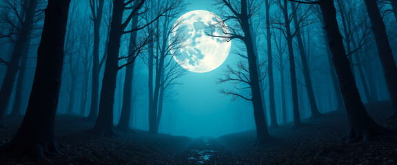 Obraz premium Moonlight Path Through a Foggy Forest