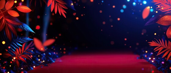 Vibrant stage backdrop adorned with red plants and colorful lights, perfect for an event or performance setting, creating an enchanting atmosphere.