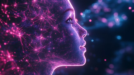 Head of a person surrounded by transparent brain structures and digital networks, glowing holograms, abstract tech, neon purple and cyan color scheme, soft lighting