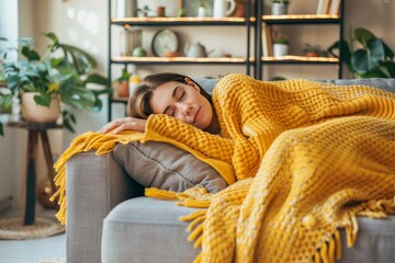 Young Woman Resting On Couch Under Warm Blanket, Seeking Comfort And Relief From Illness