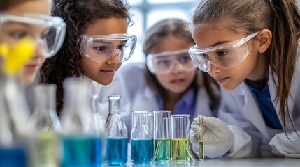 Young Scientists in Lab Coats Examining Colorful Liquids in Glassware