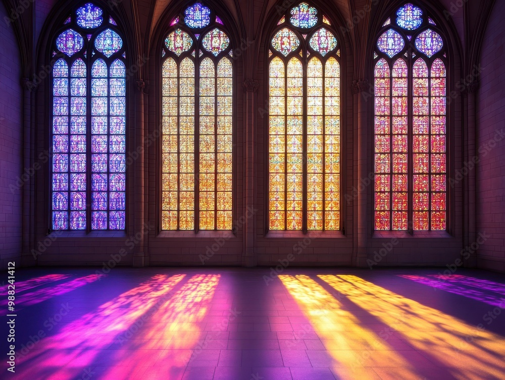 Poster Vibrant stained glass windows illuminate a serene space with colorful reflections and soft lighting, creating an enchanting atmosphere.