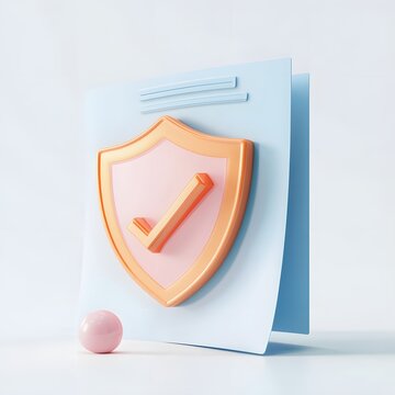 Document with shield and check mark. Health insurance, document security , data protection, finance and medical service concept. 3d vector icon. Cartoon minimal style. White background
