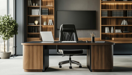 A modern office with a desk, chair, TV, and bookshelves