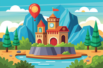 A whimsical castle sits near a serene river, with mountains and trees surrounding it, while a hot air balloon floats in the vibrant sky above.