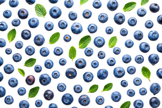 The pattern of blueberries is interspersed with fresh mint leaves. The green leaves add a refreshing contrast to the deep blue berries, on a transparent background