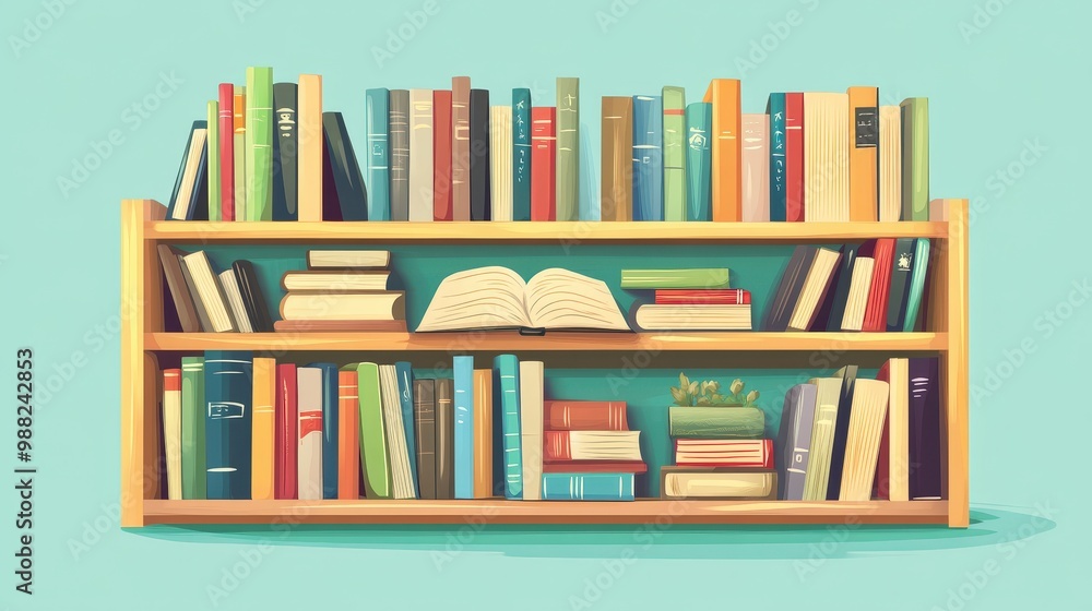 Poster wooden bookshelf with a lot of books on a transparent background, illustrated with basic shapes and 