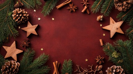 Festive Rustic Holiday Background with Wooden Stars, Pine Branches, and Cinnamon Sticks on Maroon Surface for Text. Cozy Traditional Atmosphere with Warm Lighting.