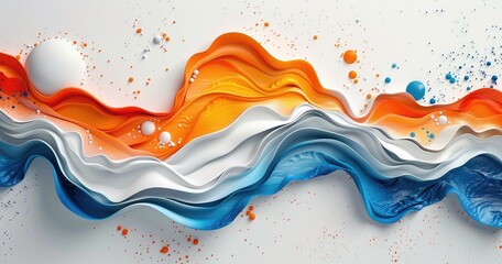 Abstract waves of color in orange, blue, and white create a dynamic visual flow.