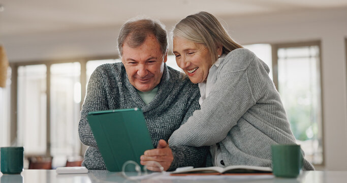 Senior couple, tablet and home for internet banking, happy and search website for credit score. Elderly people, calculate pension and notebook for bills or payment, finance and embrace for security
