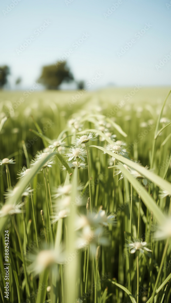 Sticker White Flowers in a Field of Green Grass