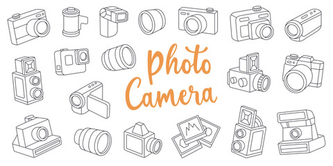 Camera outline set. Photo studio equipment. Lens with shutters, video and action cam, film strips, photo frames, external flash. Vector illustration.