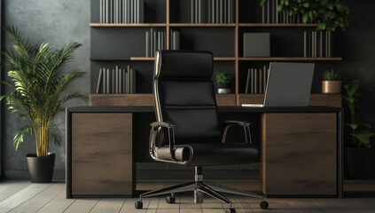 A black office chair, desk with a laptop, bookshelves and plants