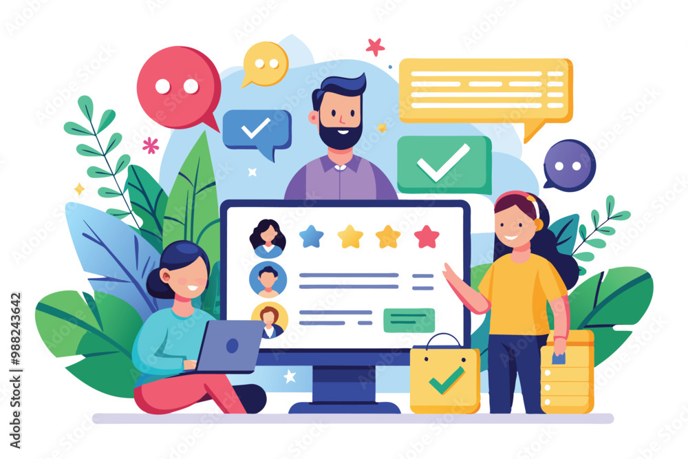 Poster diverse individuals interact with a digital platform displaying customer feedback, highlighting rati