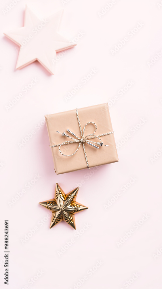 Sticker Minimalist Gift Box with Stars on Pink Background