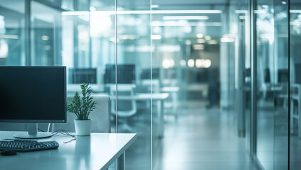 Obraz premium An office with a desk, computer, and plant in front of glass walls