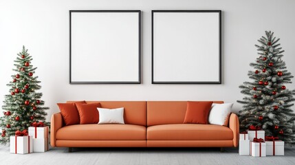 Living room featuring a decorated Christmas tree, stylish orange couch, and empty frames ready for festive art.