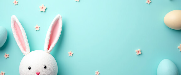 Easter bunny and eggs on blue background