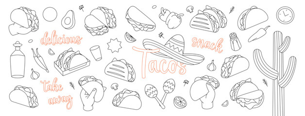 Tacos outline set. Takeaway snack. Tacos with meat, vegetable and tortilla. Traditional Mexican street fast food. Vector illustration