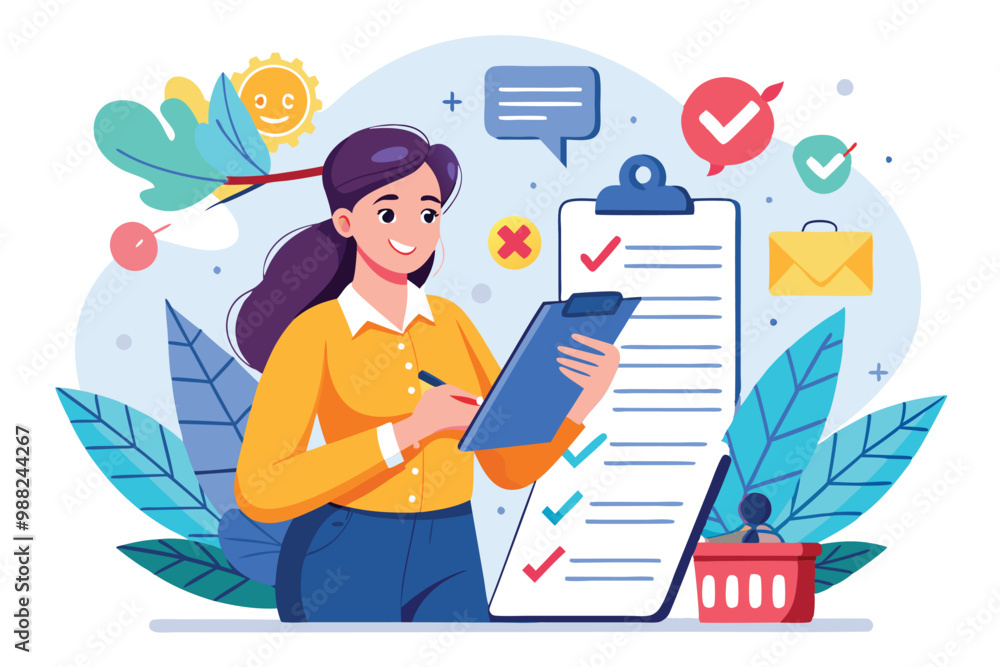 Poster a woman reviews customer records while taking notes on a notepad, surrounded by colorful icons repre