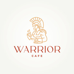 minimalist warrior cafe line art icon logo vector illustration design. simple modern warrior holding a coffee logo concept