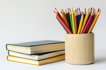 Fototapeta premium There are colored pencils in a wooden holder and three books