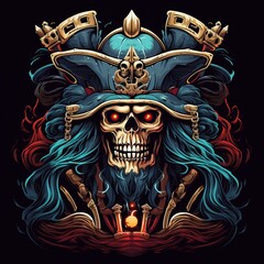 Fototapeta premium Skull Pirate with Blue Hair and Gold Accents