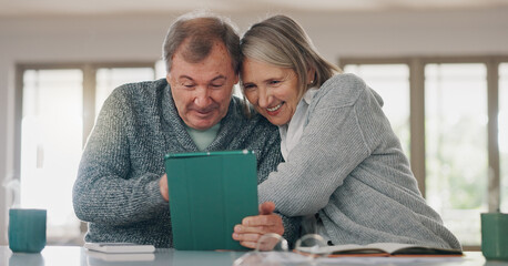 Senior couple, tablet and home for online banking, happy and search website for credit score....