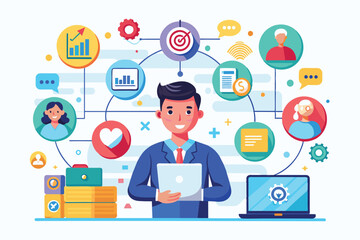 A professional man holds a tablet, surrounded by visuals representing data analysis, client interactions, and business metrics in a modern workspace.