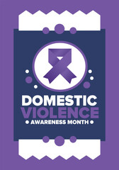Domestic Violence Awareness Month in October. Celebrate annual in United States. Awareness purple ribbon. Day of Unity. Prevention campaign. Stop women abuse. Poster, banner and background. Vector